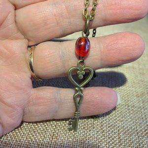 Heart Skeleton Key Vintage Red Glass Bead Necklace One of a kind New